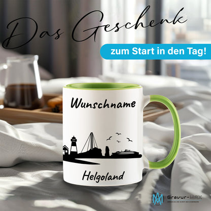 Tasse in Hellgrün 330ml bedruckt mit der Skyline von Helgoland personalisierbar mit Wunschname