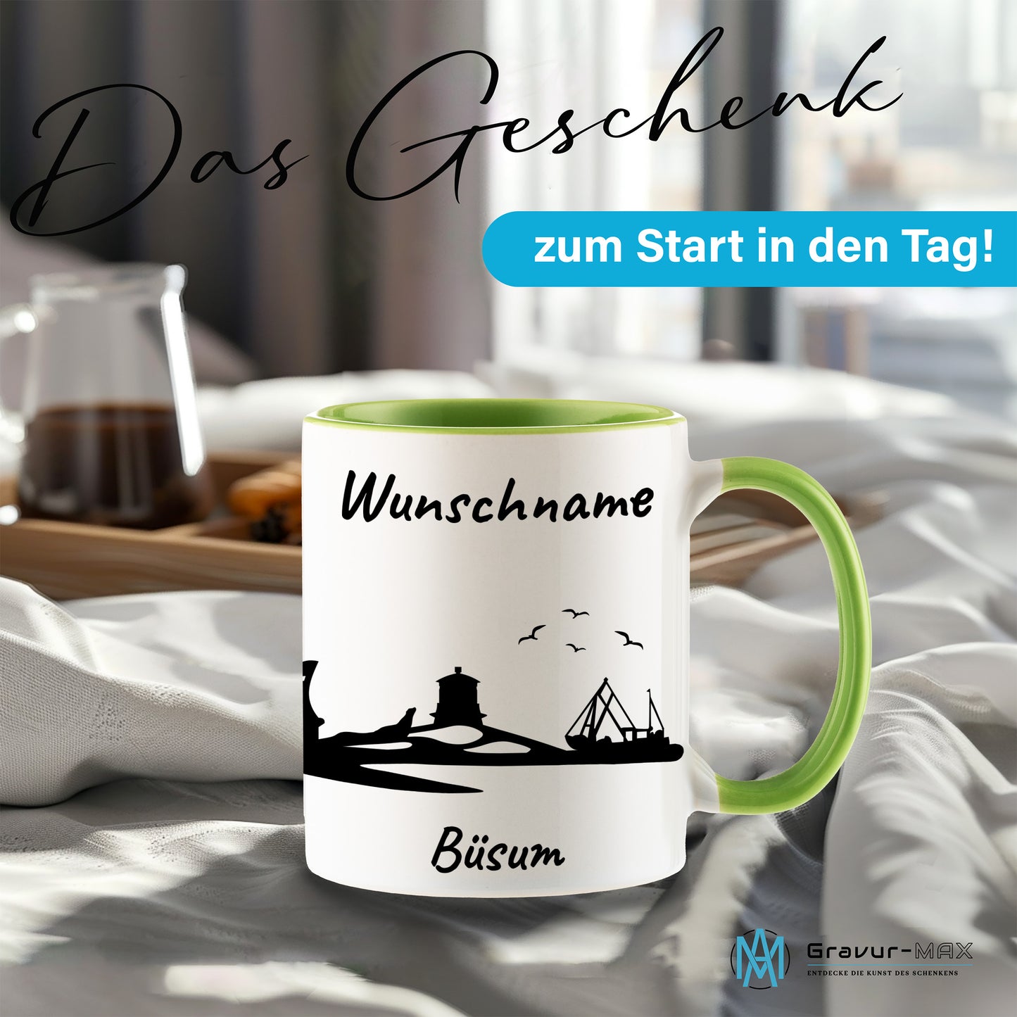Tasse in Hellgrün 330ml bedruckt mit der Skyline von Büsum personalisierbar mit Wunschname