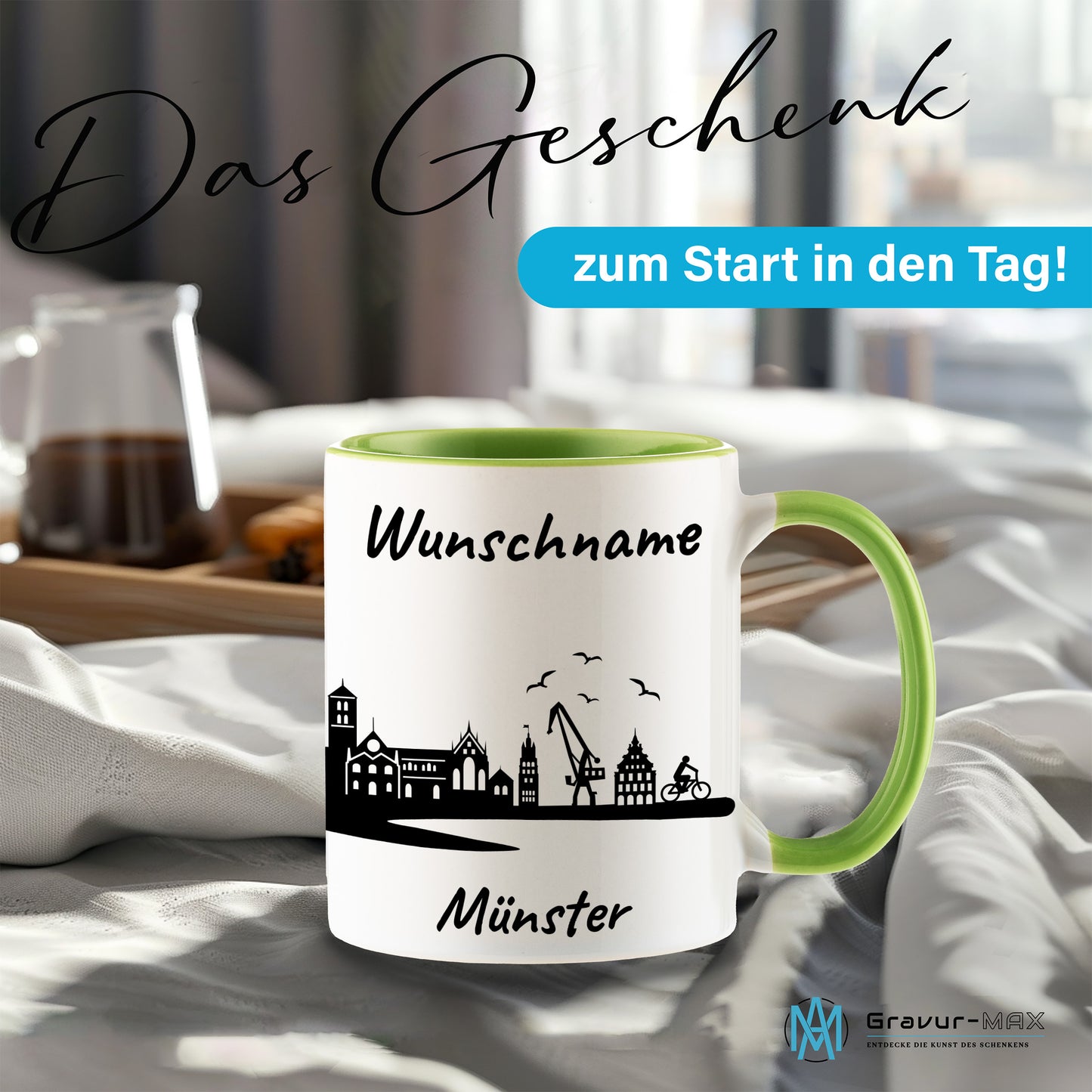 Tasse in Hellgrün 330ml bedruckt mit der Skyline von Münster personalisierbar mit Wunschname