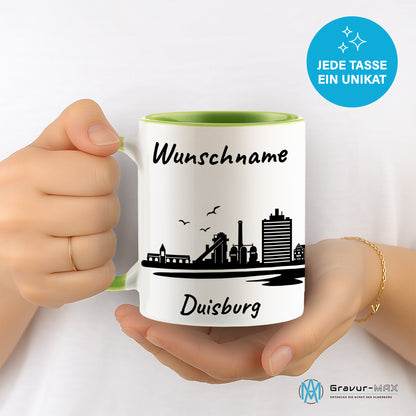 Tasse in Hellgrün 330ml bedruckt mit der Skyline von Duisburg personalisierbar mit Wunschname