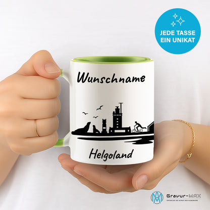 Tasse in Hellgrün 330ml bedruckt mit der Skyline von Helgoland personalisierbar mit Wunschname