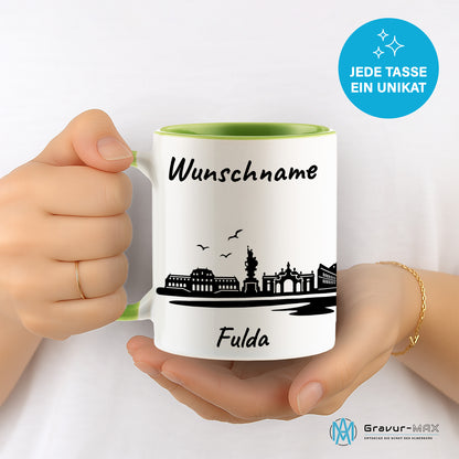Tasse in Hellgrün 330ml bedruckt mit der Skyline von Fulda personalisierbar mit Wunschname