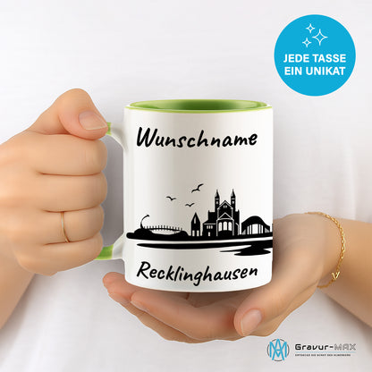 Tasse in Hellgrün 330ml bedruckt mit der Skyline von Recklinghausen personalisierbar mit Wunschname