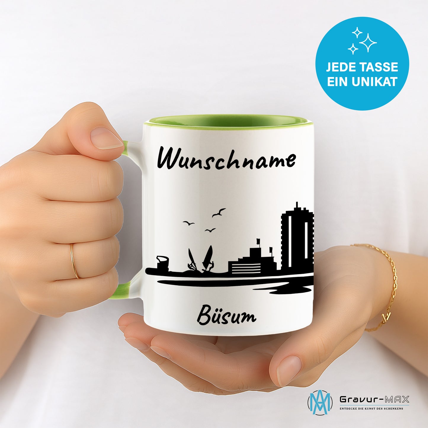 Tasse in Hellgrün 330ml bedruckt mit der Skyline von Büsum personalisierbar mit Wunschname