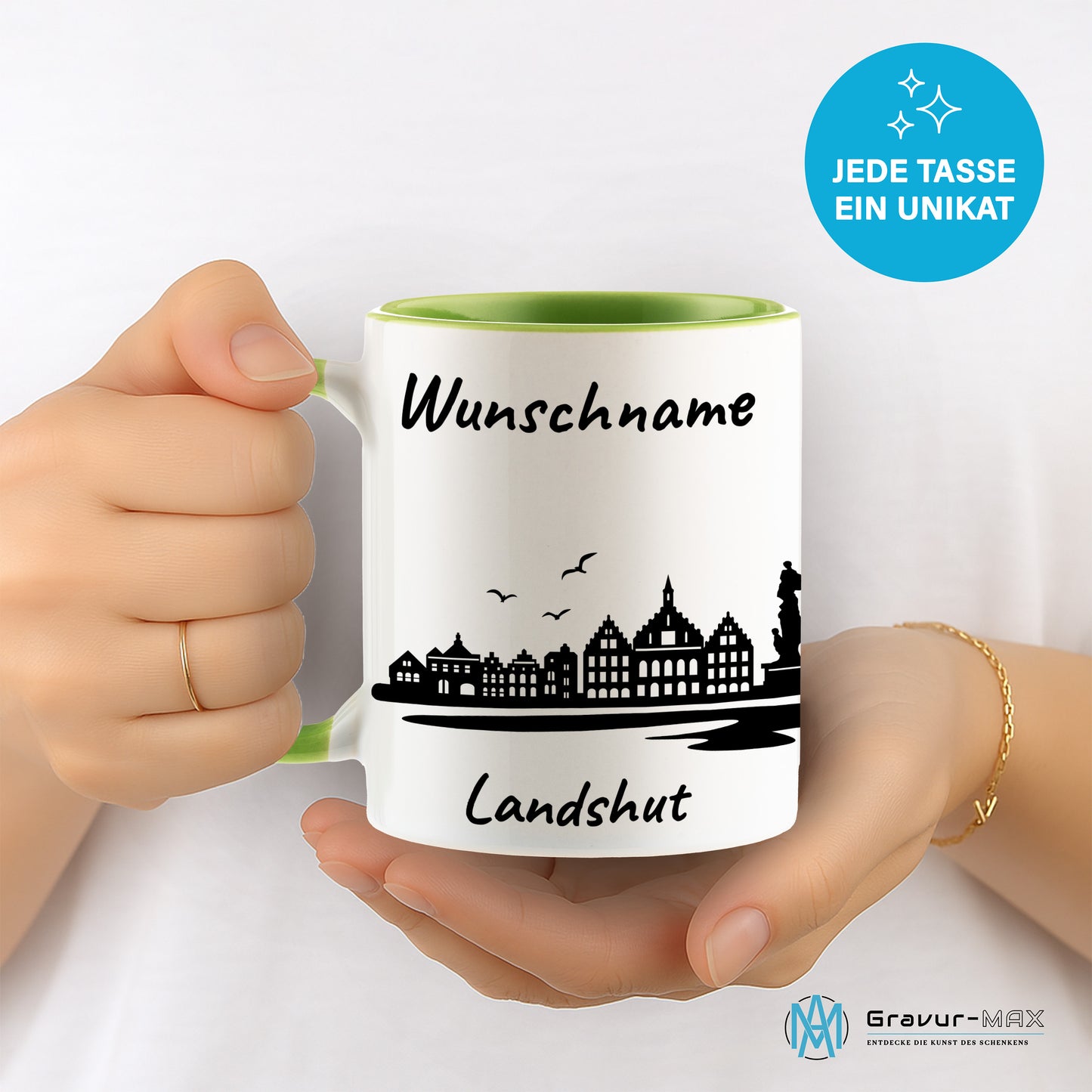 Tasse in Hellgrün 330ml bedruckt mit der Skyline von Landshut personalisierbar mit Wunschname