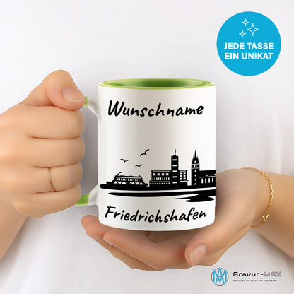 Tasse in Hellgrün 330ml bedruckt mit der Skyline von Friedrichshafen personalisierbar mit Wunschname