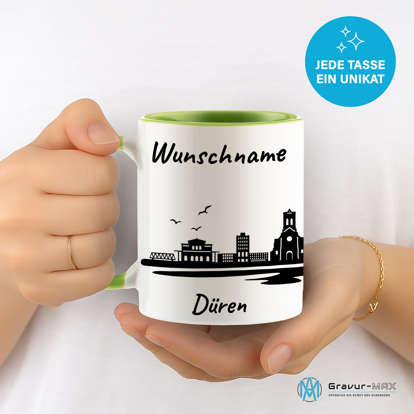 Tasse in Hellgrün 330ml bedruckt mit der Skyline von Düren personalisierbar mit Wunschname