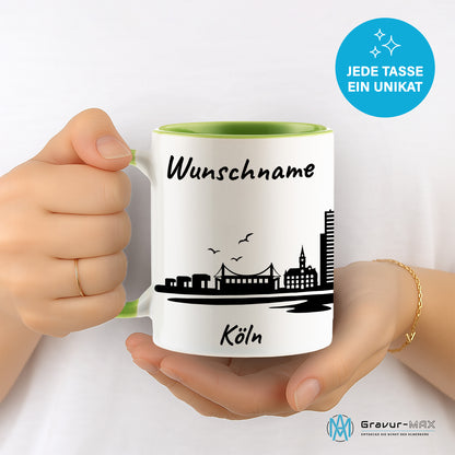 Tasse in Hellgrün 330ml bedruckt mit der Skyline von Köln personalisierbar mit Wunschname