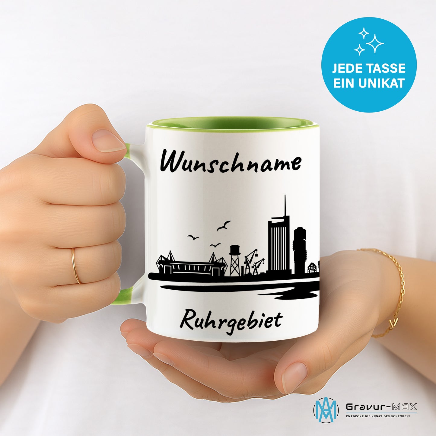Tasse in Hellgrün 330ml bedruckt mit der Skyline von Ruhrgebiet personalisierbar mit Wunschname