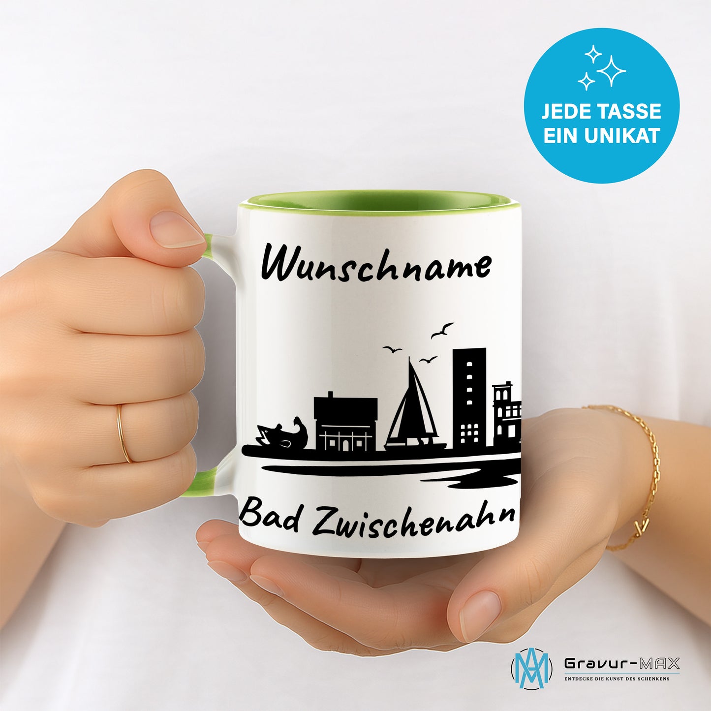 Tasse in Hellgrün 330ml bedruckt mit der Skyline von Bad Zwischenahn personalisierbar mit Wunschname