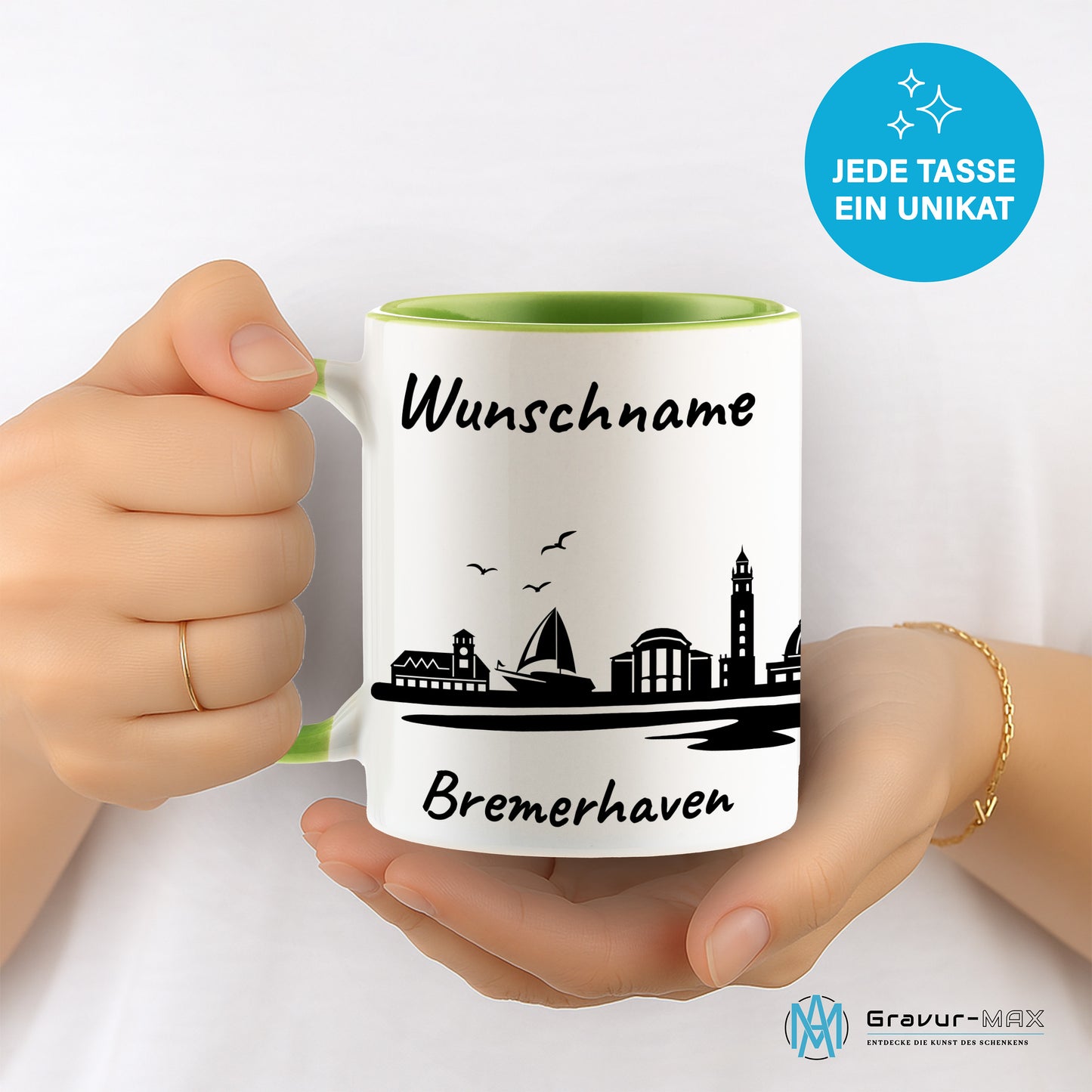Tasse in Hellgrün 330ml bedruckt mit der Skyline von Bremerhaven personalisierbar mit Wunschname