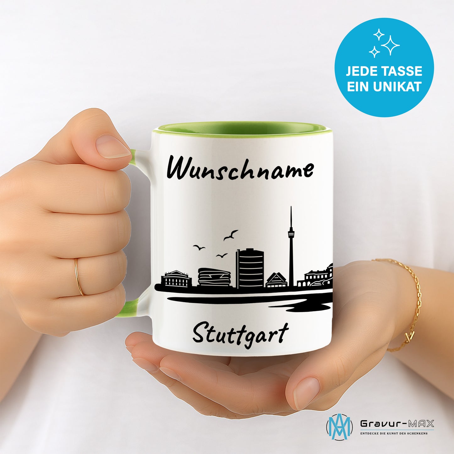 Tasse in Hellgrün 330ml bedruckt mit der Skyline von Stuttgart personalisierbar mit Wunschname