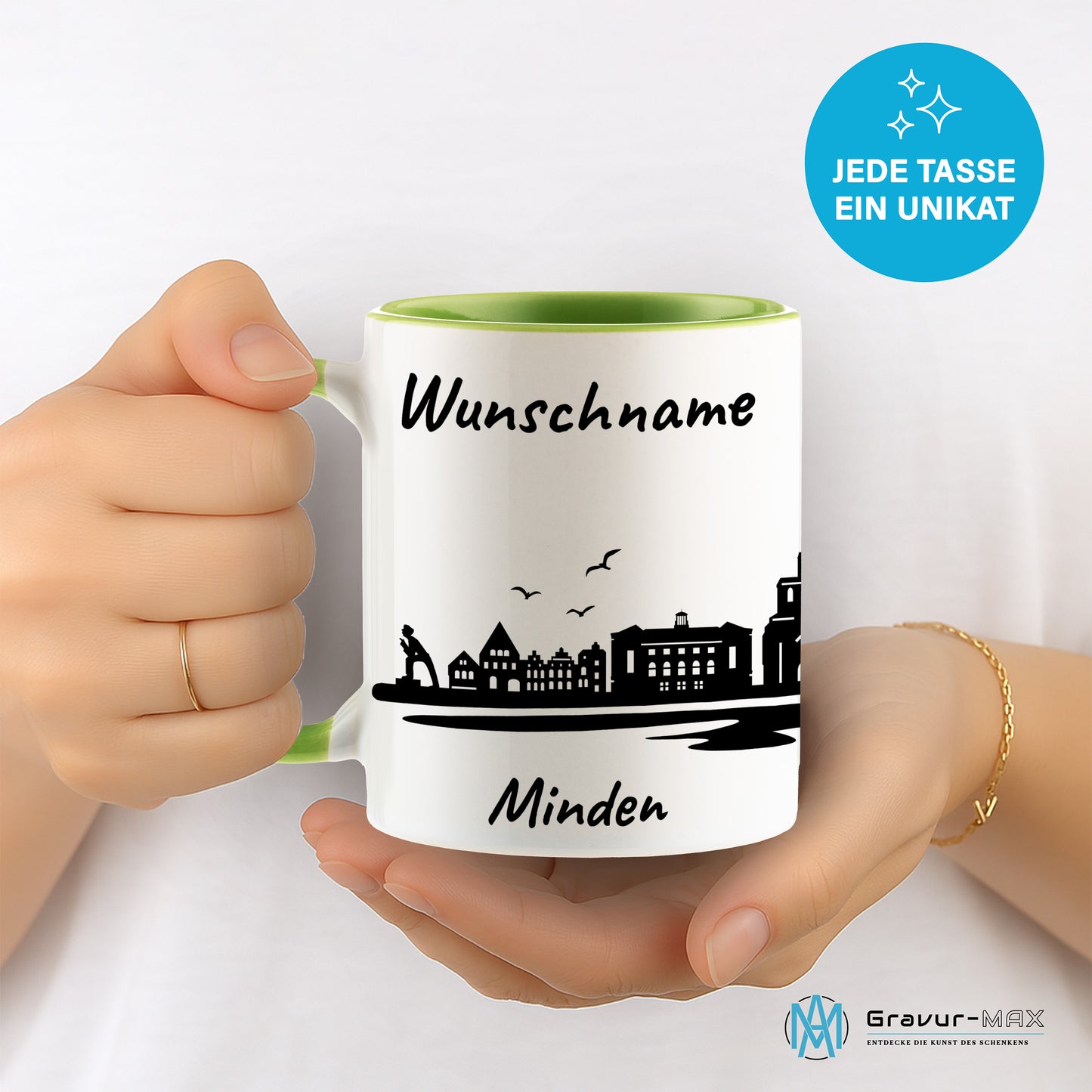 Tasse in Hellgrün 330ml bedruckt mit der Skyline von Minden personalisierbar mit Wunschname