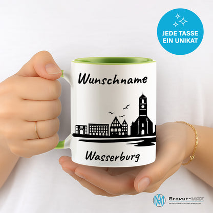 Tasse in Hellgrün 330ml bedruckt mit der Skyline von Wasserburg personalisierbar mit Wunschname