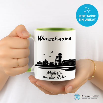 Tasse in Hellgrün 330ml bedruckt mit der Skyline von Mülheim an der Ruhr personalisierbar mit Wunschname