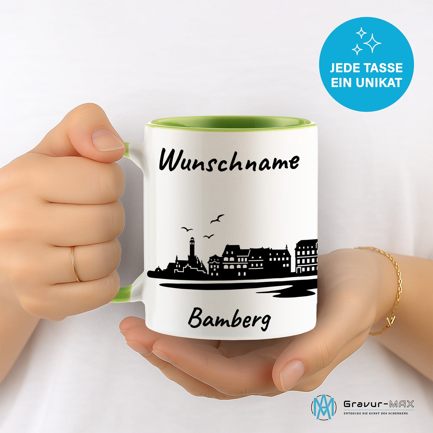 Tasse in Hellgrün 330ml bedruckt mit der Skyline von Bamberg personalisierbar mit Wunschname