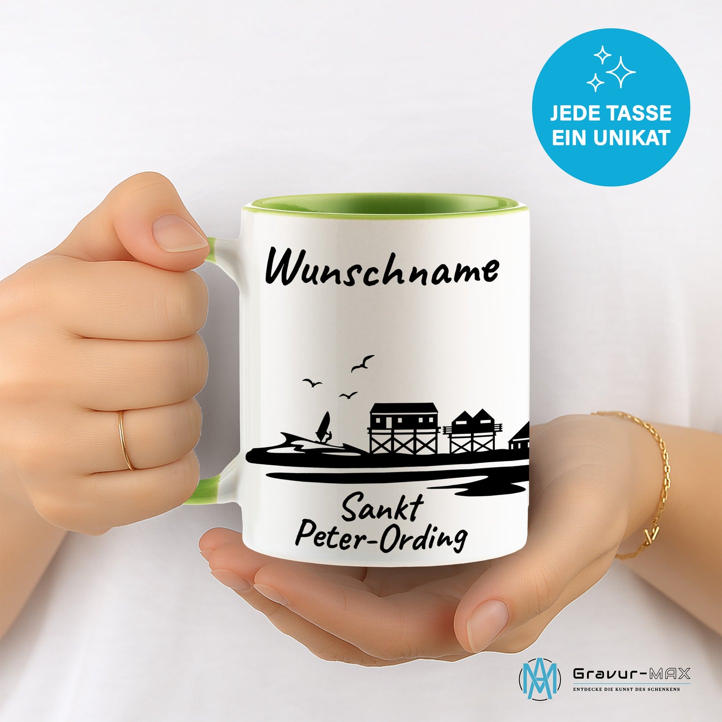 Tasse in Hellgrün 330ml bedruckt mit der Skyline von Sankt Peter-Ording personalisierbar mit Wunschname