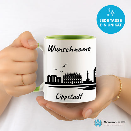 Tasse in Hellgrün 330ml bedruckt mit der Skyline von Lippstadt personalisierbar mit Wunschname