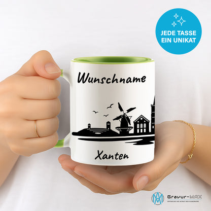 Tasse in Hellgrün 330ml bedruckt mit der Skyline von Xanten personalisierbar mit Wunschname