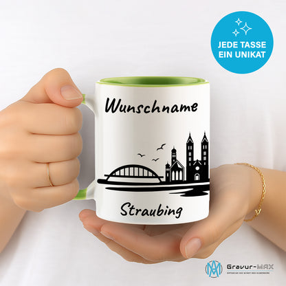 Tasse in Hellgrün 330ml bedruckt mit der Skyline von Straubing personalisierbar mit Wunschname