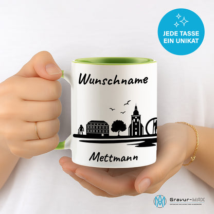 Tasse in Hellgrün 330ml bedruckt mit der Skyline von Mettmann personalisierbar mit Wunschname