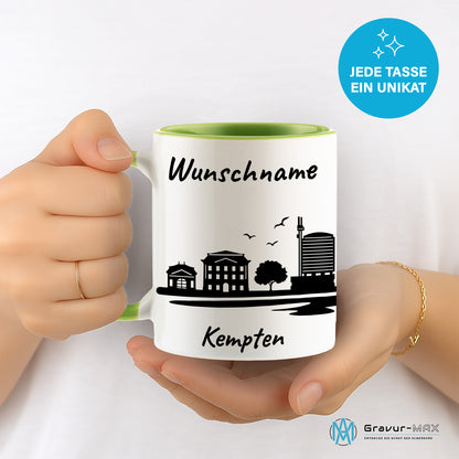 Tasse in Hellgrün 330ml bedruckt mit der Skyline von Kempten personalisierbar mit Wunschname