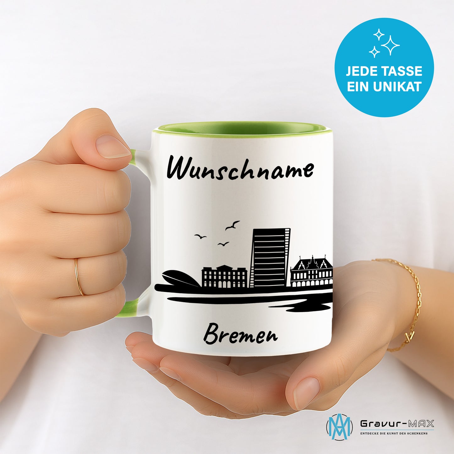 Tasse in Hellgrün 330ml bedruckt mit der Skyline von Bremen personalisierbar mit Wunschname