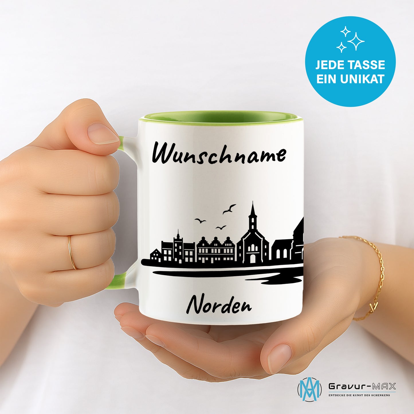 Tasse in Hellgrün 330ml bedruckt mit der Skyline von Norden personalisierbar mit Wunschname