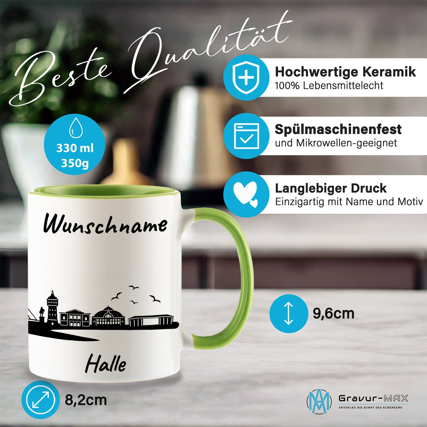 Tasse in Hellgrün 330ml bedruckt mit der Skyline von Halle personalisierbar mit Wunschname