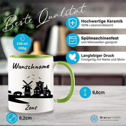Tasse in Hellgrün 330ml bedruckt mit der Skyline von Zons (Dormagen) personalisierbar mit Wunschname