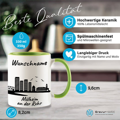 Tasse in Hellgrün 330ml bedruckt mit der Skyline von Mülheim an der Ruhr personalisierbar mit Wunschname