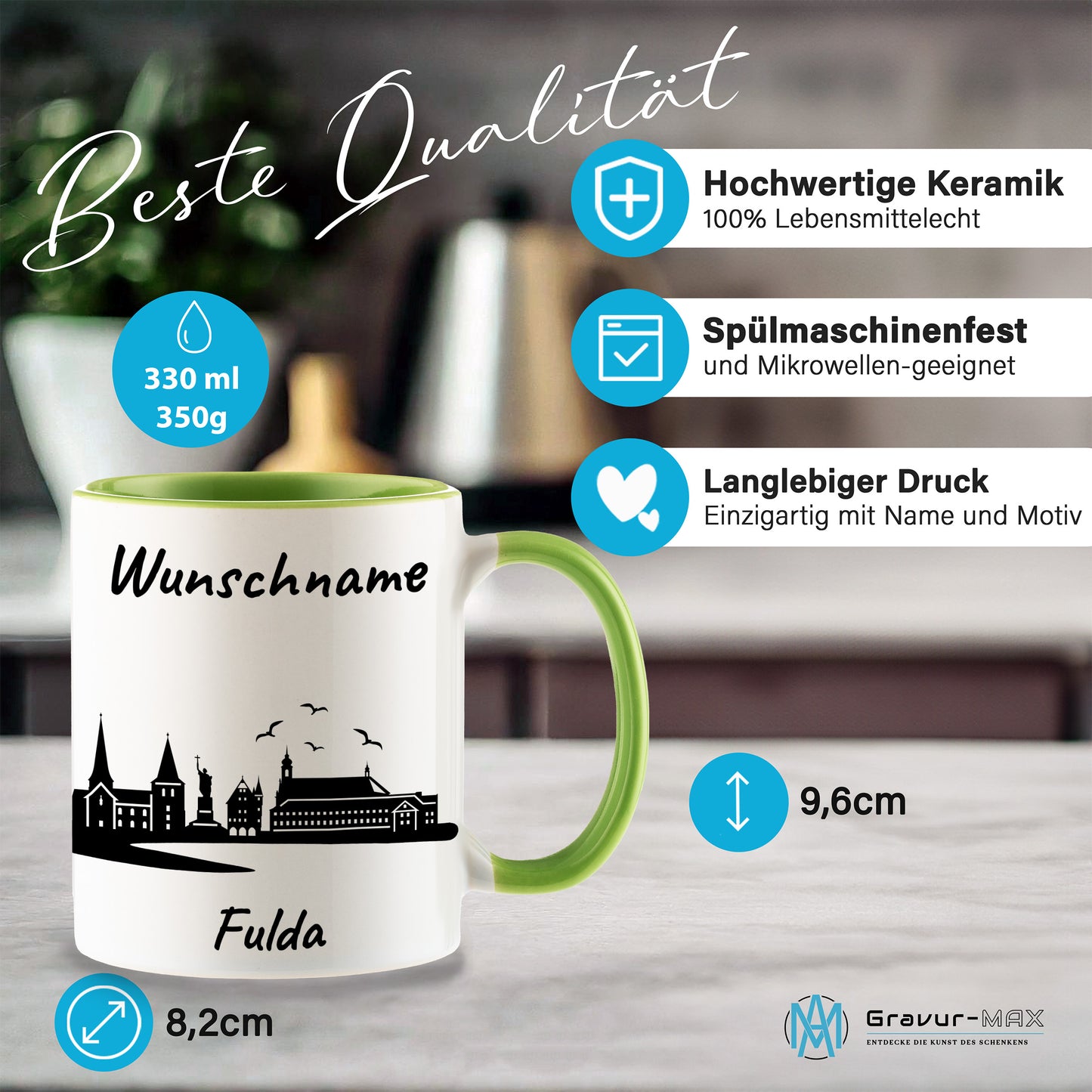 Tasse in Hellgrün 330ml bedruckt mit der Skyline von Fulda personalisierbar mit Wunschname