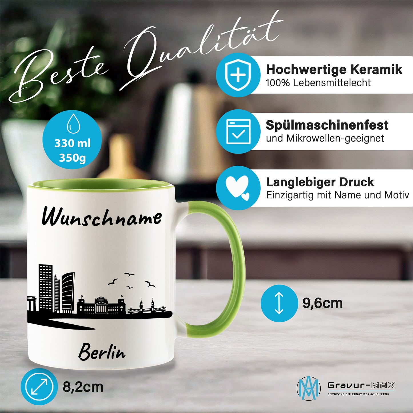 Tasse in Hellgrün 330ml bedruckt mit der Skyline von Berlin personalisierbar mit Wunschname