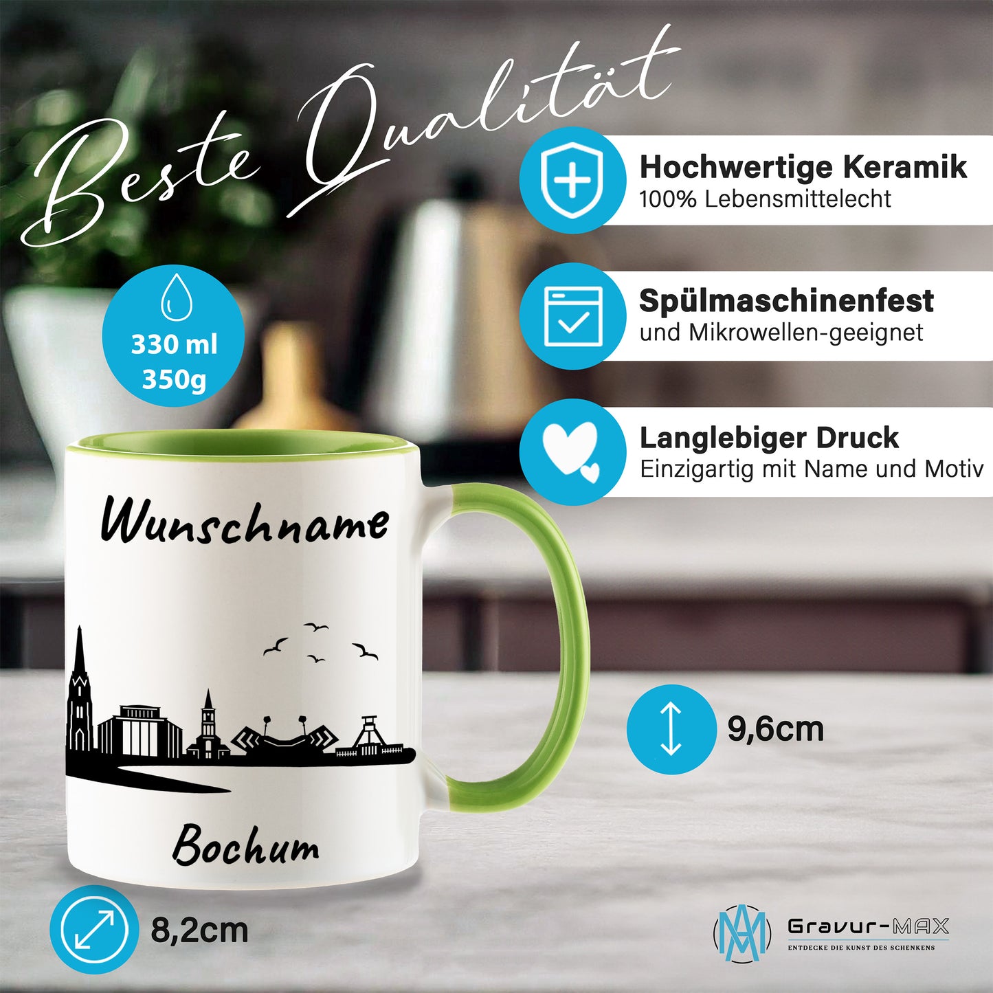 Tasse in Hellgrün 330ml bedruckt mit der Skyline von Bochum personalisierbar mit Wunschname