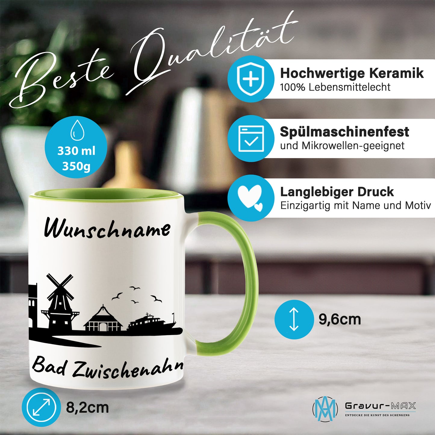 Tasse in Hellgrün 330ml bedruckt mit der Skyline von Bad Zwischenahn personalisierbar mit Wunschname