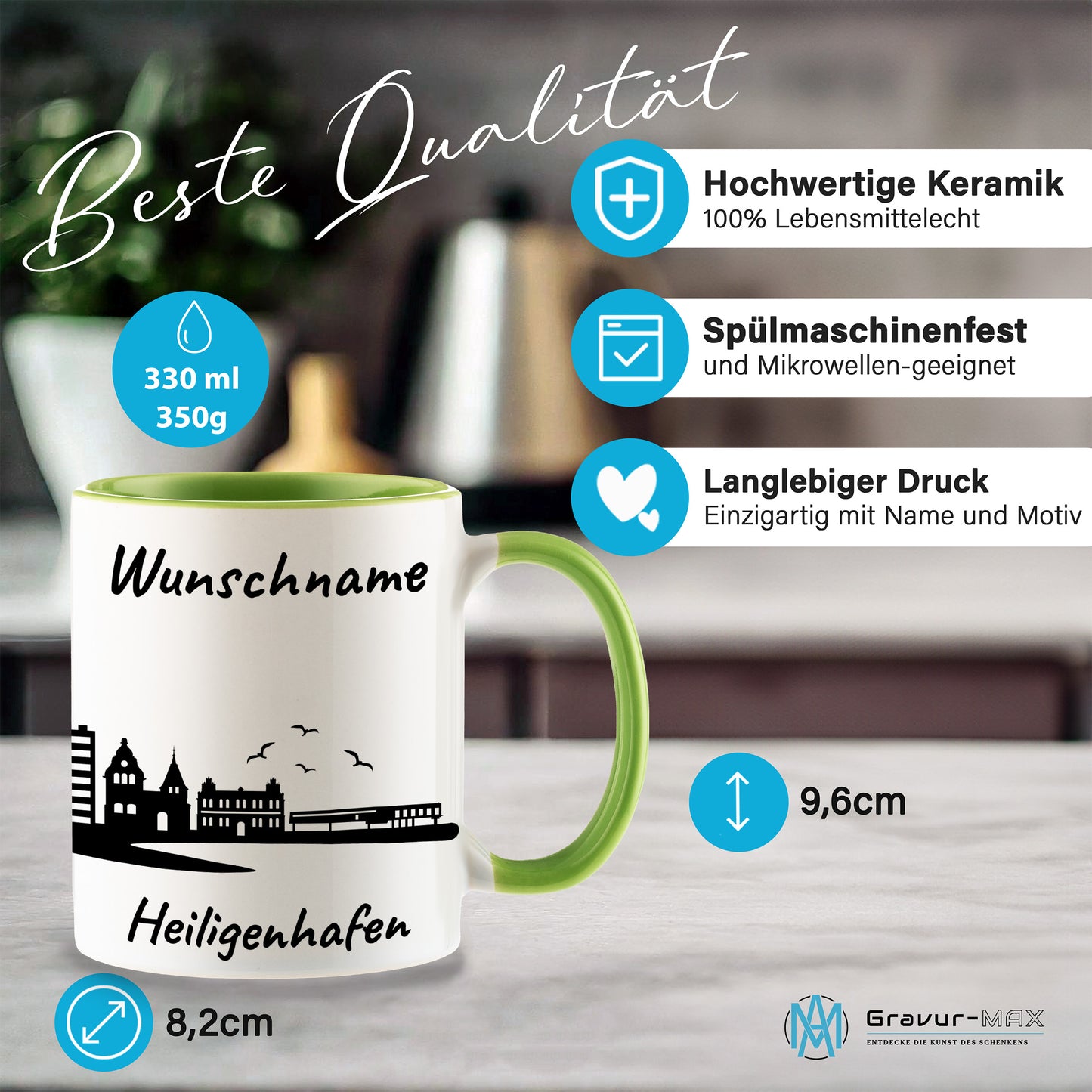 Tasse in Hellgrün 330ml bedruckt mit der Skyline von Heiligenhafen personalisierbar mit Wunschname