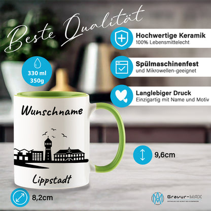 Tasse in Hellgrün 330ml bedruckt mit der Skyline von Lippstadt personalisierbar mit Wunschname