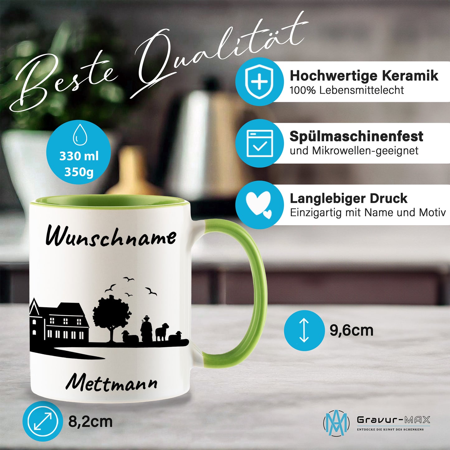 Tasse in Hellgrün 330ml bedruckt mit der Skyline von Mettmann personalisierbar mit Wunschname