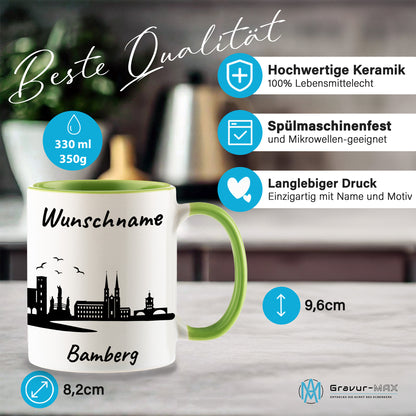 Tasse in Hellgrün 330ml bedruckt mit der Skyline von Bamberg personalisierbar mit Wunschname
