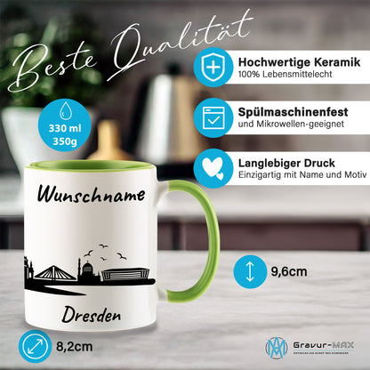 Tasse in Hellgrün 330ml bedruckt mit der Skyline von Dresden personalisierbar mit Wunschname