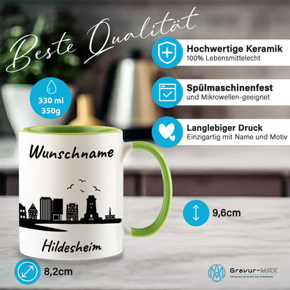 Tasse in Hellgrün 330ml bedruckt mit der Skyline von Hildesheim personalisierbar mit Wunschname