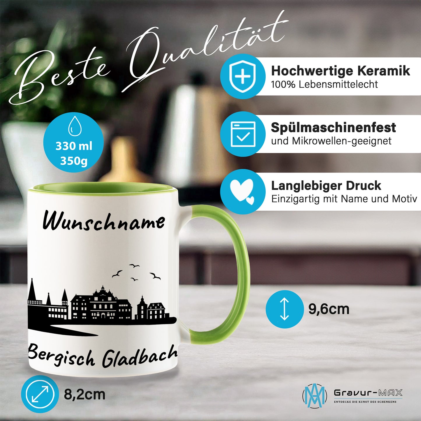 Tasse in Hellgrün 330ml bedruckt mit der Skyline von Bergisch Gladbach personalisierbar mit Wunschname