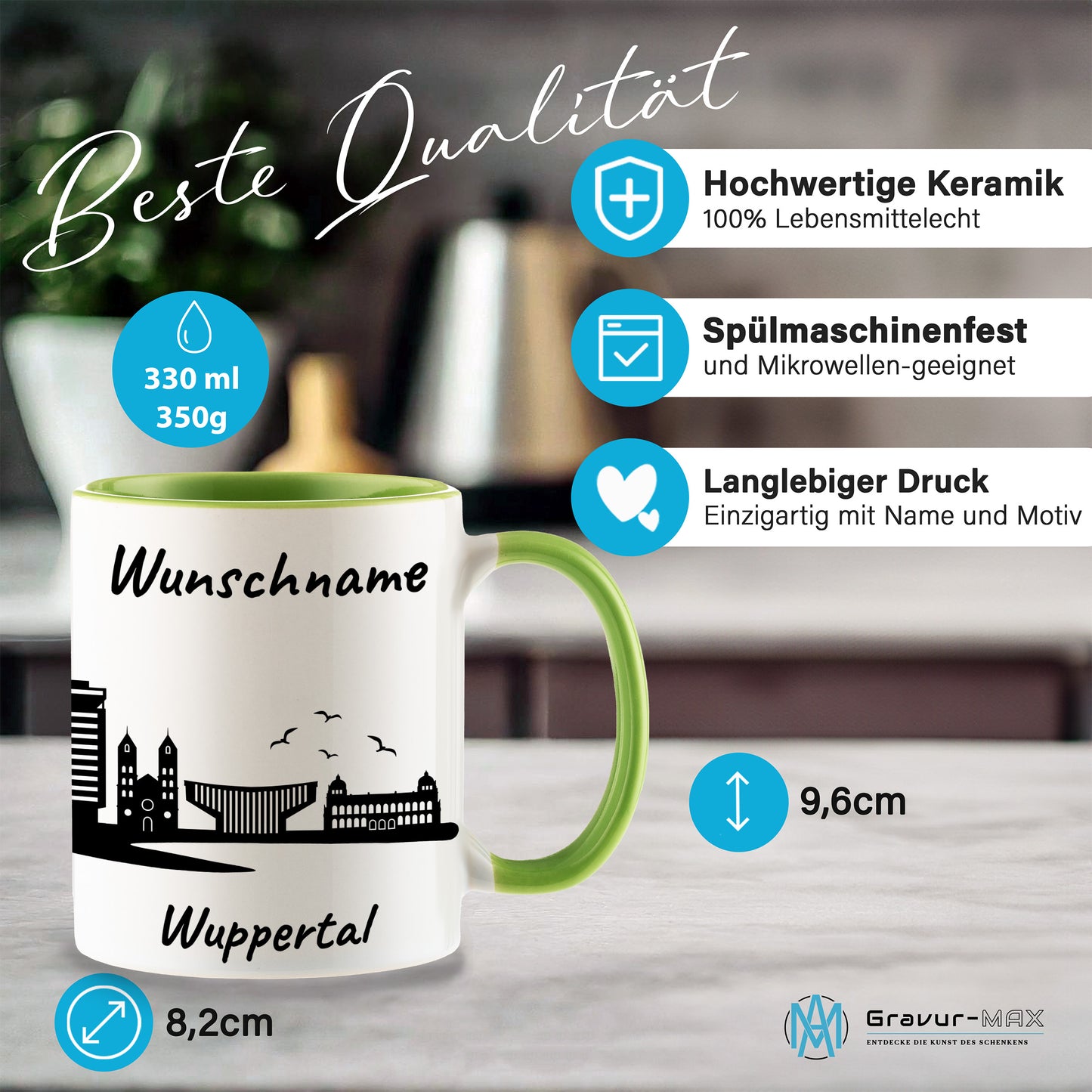 Tasse in Hellgrün 330ml bedruckt mit der Skyline von Wuppertal personalisierbar mit Wunschname
