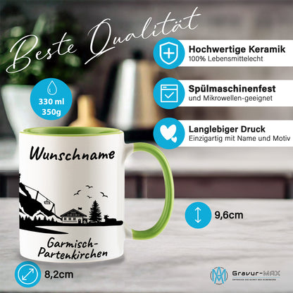 Tasse in Hellgrün 330ml bedruckt mit der Skyline von Garmisch-Partenkirchen personalisierbar mit Wunschname
