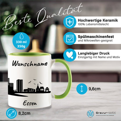 Tasse in Hellgrün 330ml bedruckt mit der Skyline von Essen personalisierbar mit Wunschname
