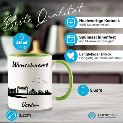 Tasse in Hellgrün 330ml bedruckt mit der Skyline von Usedom personalisierbar mit Wunschname
