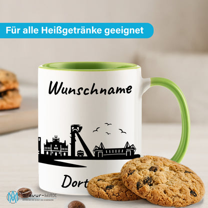 Tasse in Hellgrün 330ml bedruckt mit der Skyline von Dortmund personalisierbar mit Wunschname