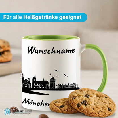 Tasse in Hellgrün 330ml bedruckt mit der Skyline von Mönchengladbach personalisierbar mit Wunschname