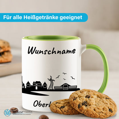 Tasse in Hellgrün 330ml bedruckt mit der Skyline von Oberhausen personalisierbar mit Wunschname
