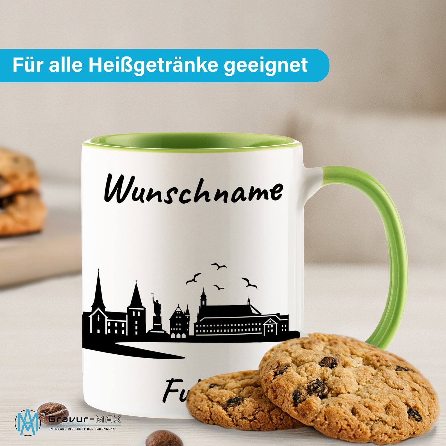 Tasse in Hellgrün 330ml bedruckt mit der Skyline von Fulda personalisierbar mit Wunschname